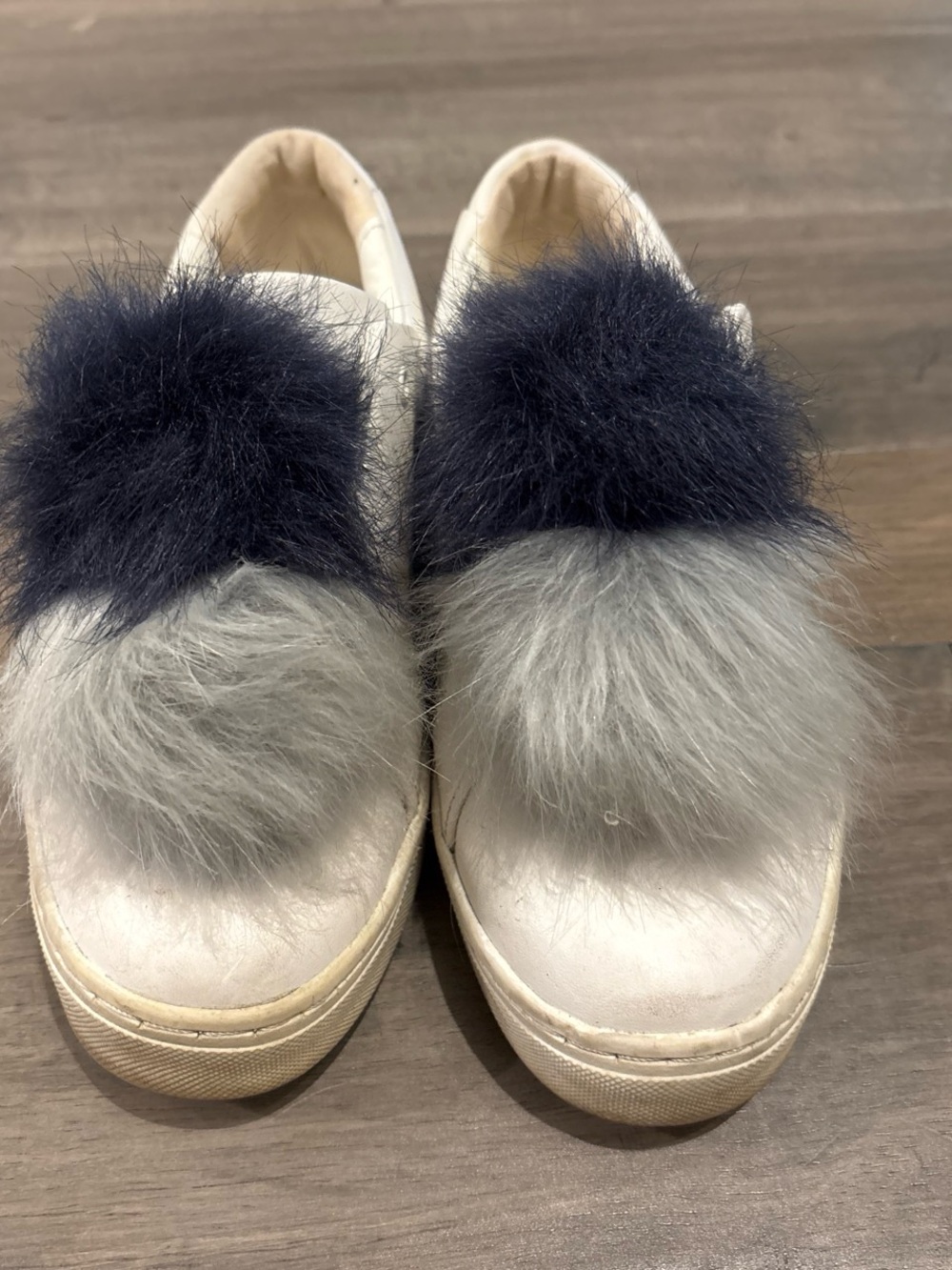 Sam Edelman White Sneakers with Gray and Navy Fur Pom-Poms